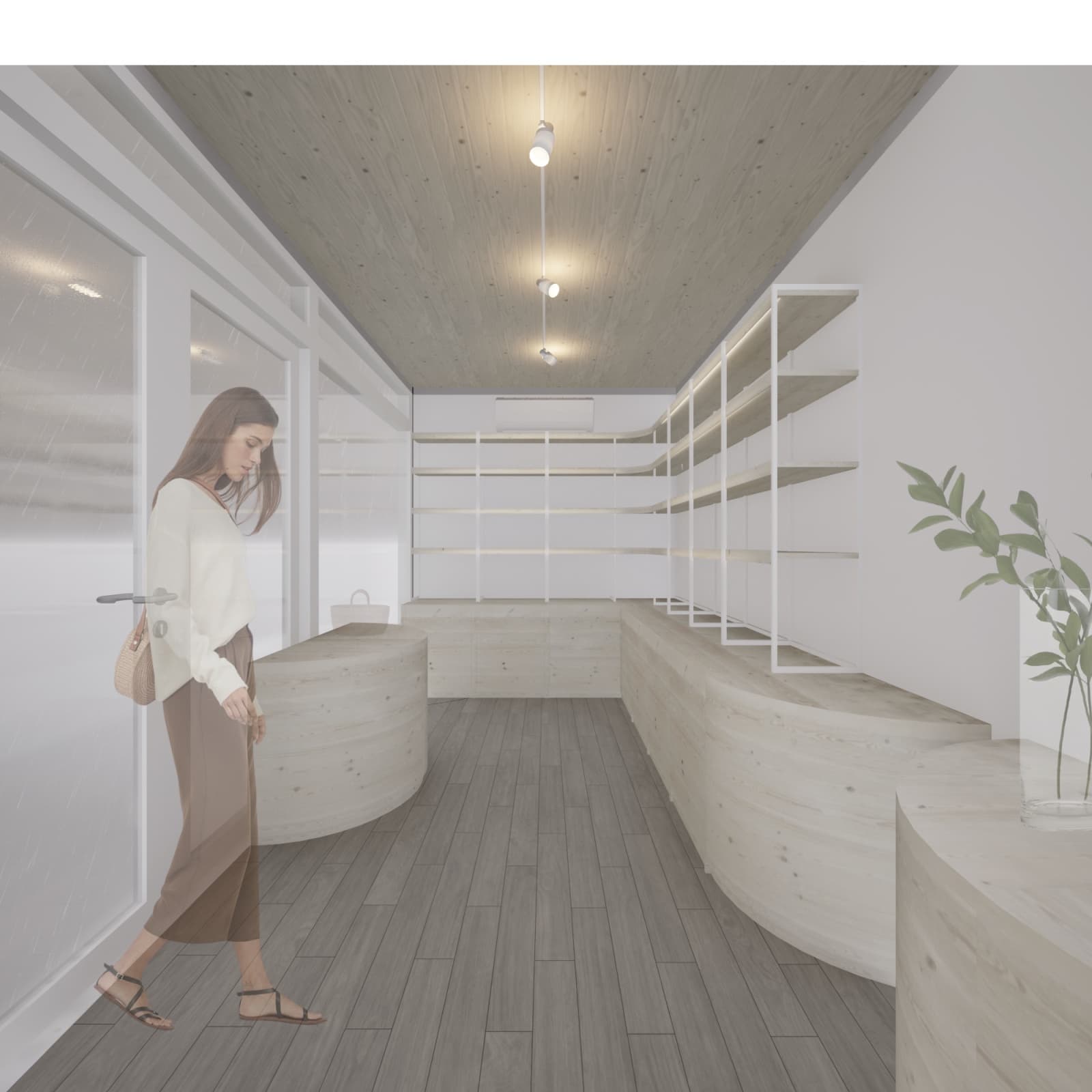 Pickup point interior: warm wood surfaces, shelf modules and cold cabinets