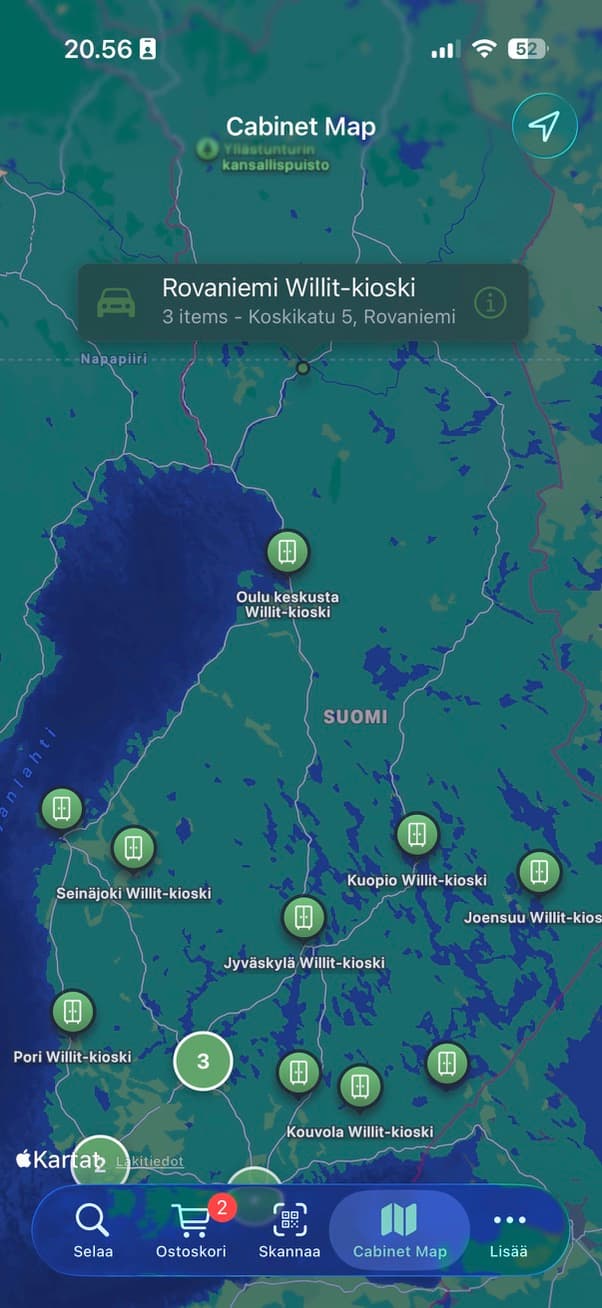 Willit app map view showing pickup point locations