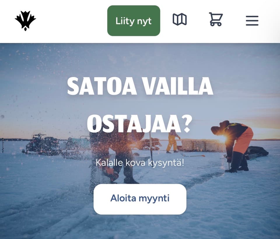 Willit.fi producer view: ice fishing scene with text "Harvest without buyers?"